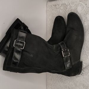 Marc Fisher leather black buckle mid calf pull on slip on boots sz 9